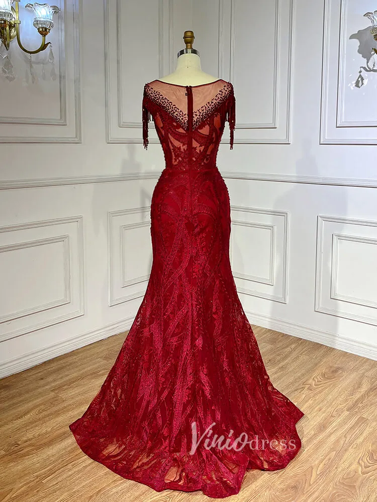 Beaded Pink Lace Mermaid Prom Dresses Red Pageant Dresses 20023