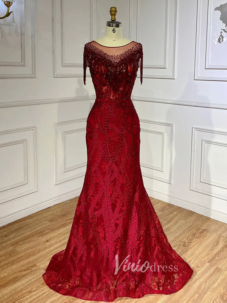 Beaded Pink Lace Mermaid Prom Dresses Red Pageant Dresses 20023