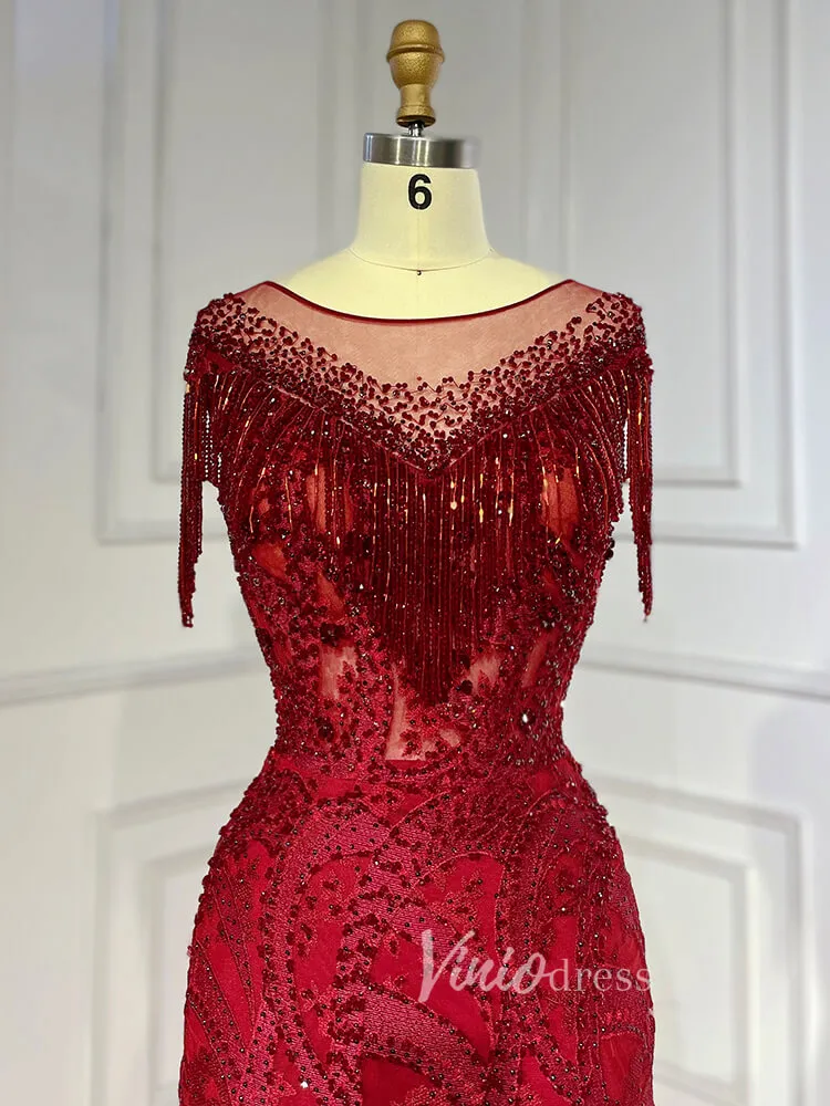 Beaded Pink Lace Mermaid Prom Dresses Red Pageant Dresses 20023