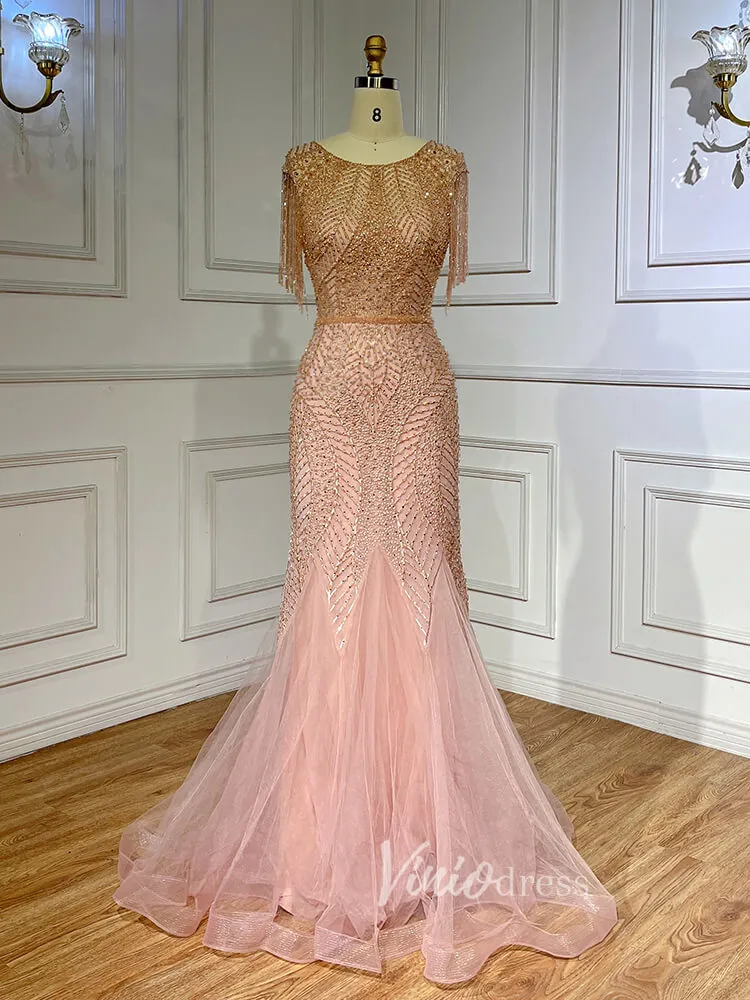 Beaded Pink Lace Mermaid Prom Dresses Red Pageant Dresses 20023