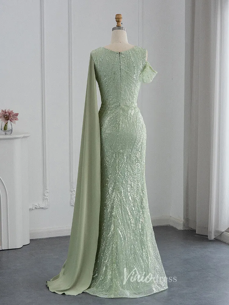 Beaded Sage Green Prom Dresses Watteau Train 1920s Evening Dress 20076