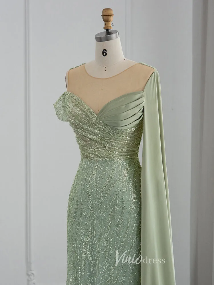 Beaded Sage Green Prom Dresses Watteau Train 1920s Evening Dress 20076