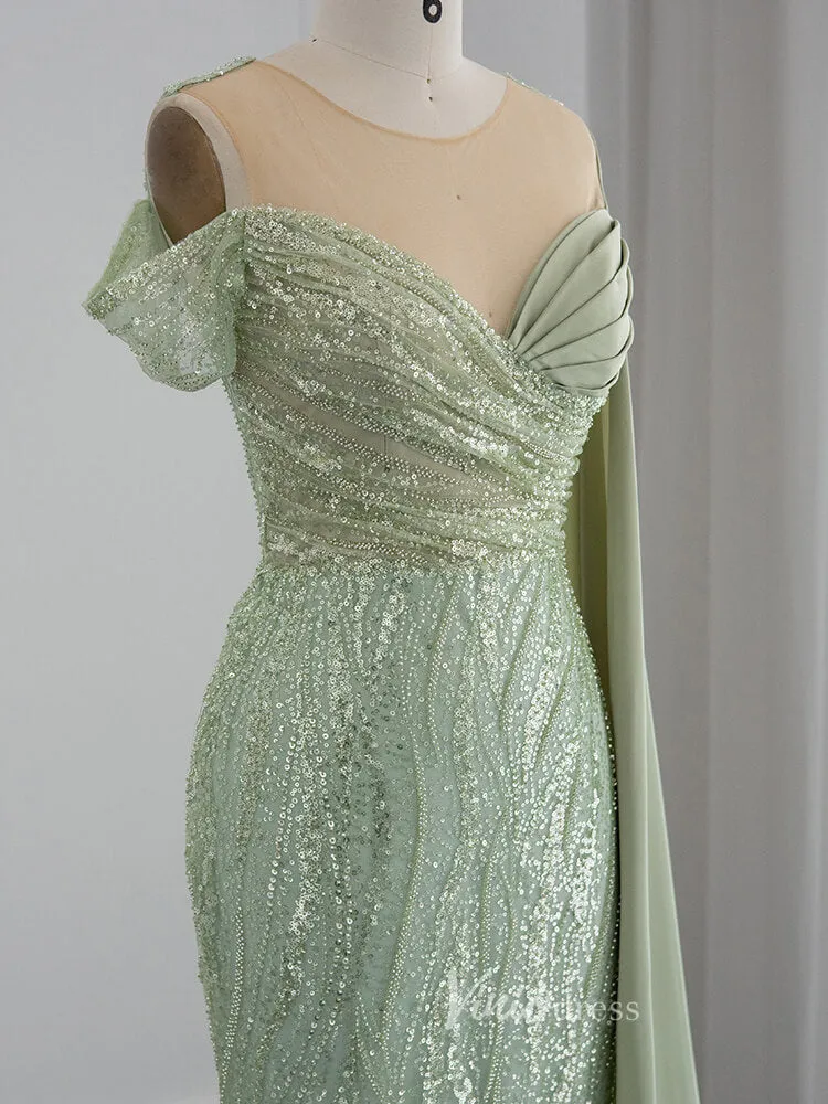 Beaded Sage Green Prom Dresses Watteau Train 1920s Evening Dress 20076