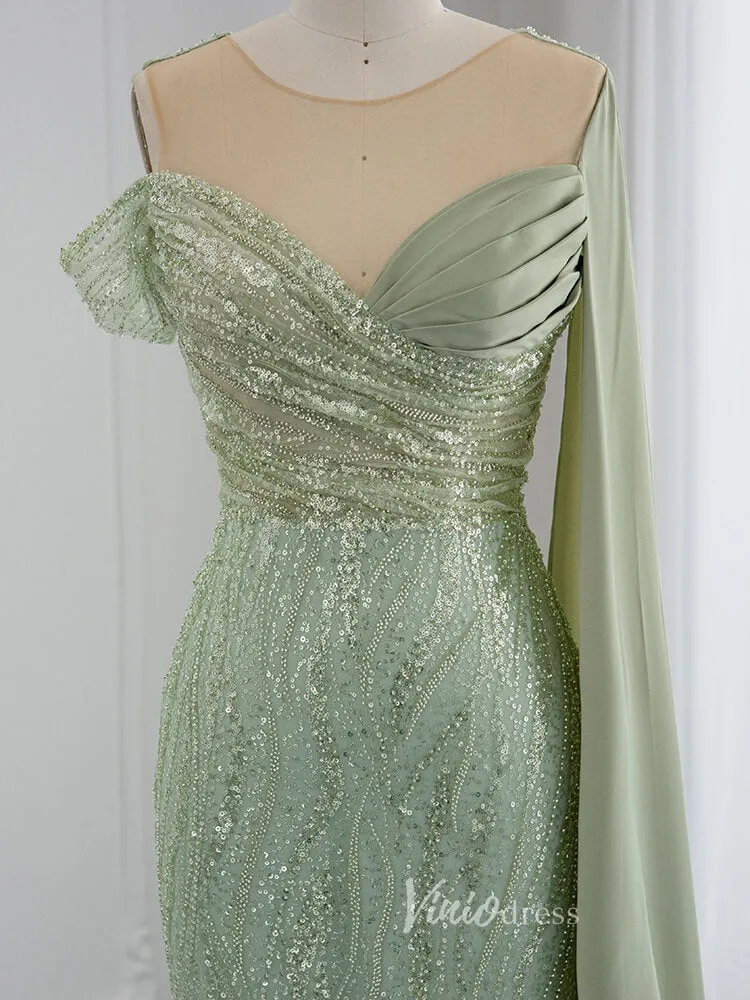 Beaded Sage Green Prom Dresses Watteau Train 1920s Evening Dress 20076