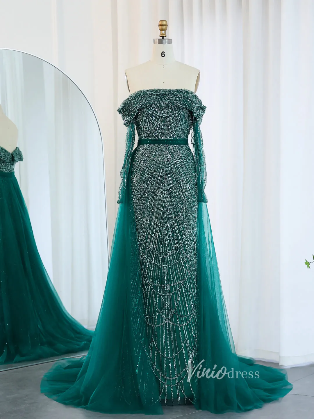 Beaded Sheath Off the Shoulder Prom Dresses Overskirt Long Sleeve Pageant Dress AD1172