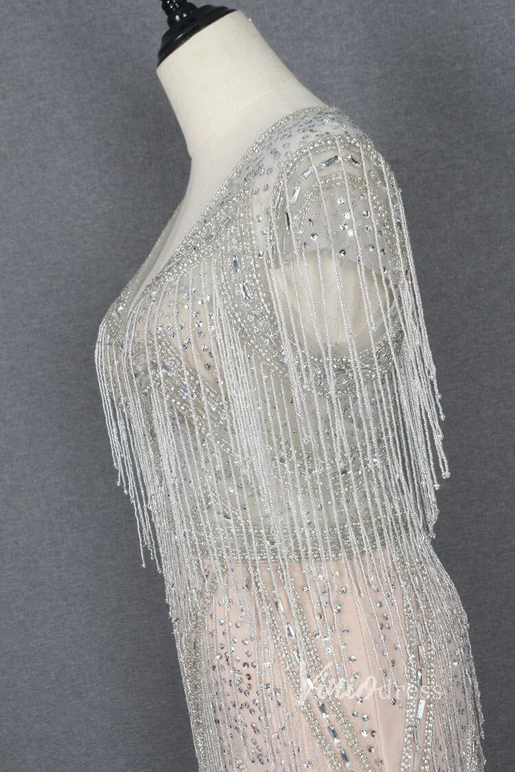 Beaded Silver Flapper Dress Vintage Sheath Prom Dress FD2828