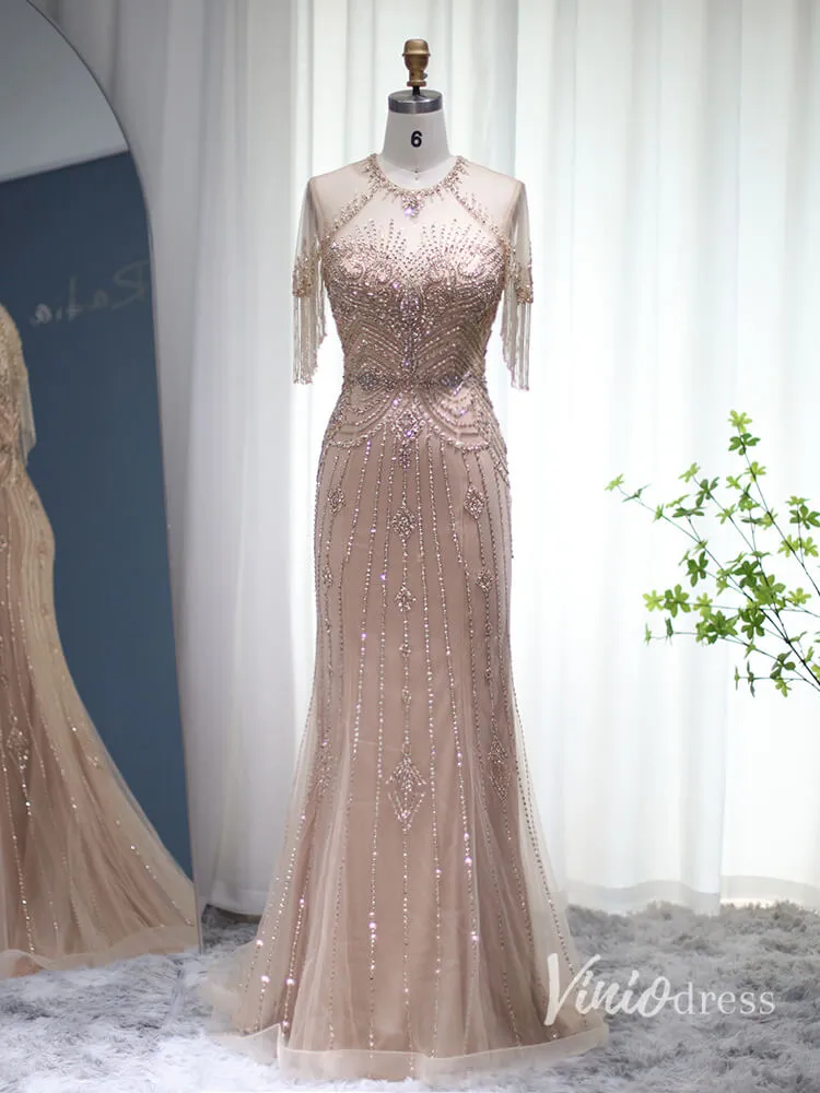 Beaded String Mermaid Evening Dresses Cap Sleeve Mother of the Bride Dress AD1167