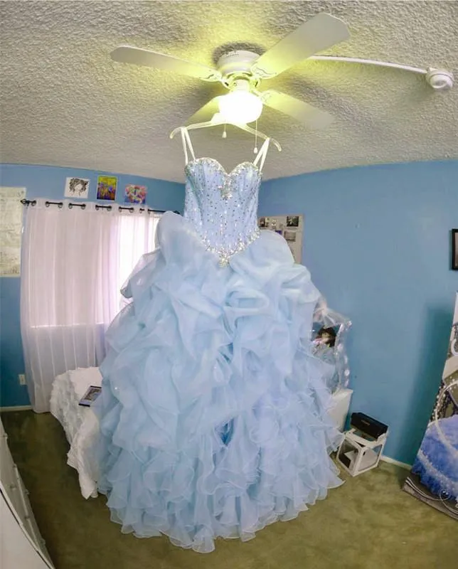 Beaded Sweetheart Light Blue Quinceanera Dresses Ball Gowns Organza Layered