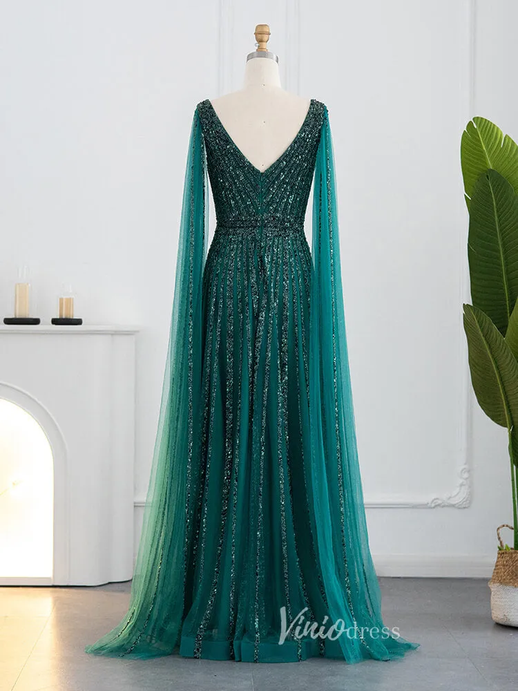 Beaded V-neck Prom Dresses Cape Sleeve Evening Gowns 20017B