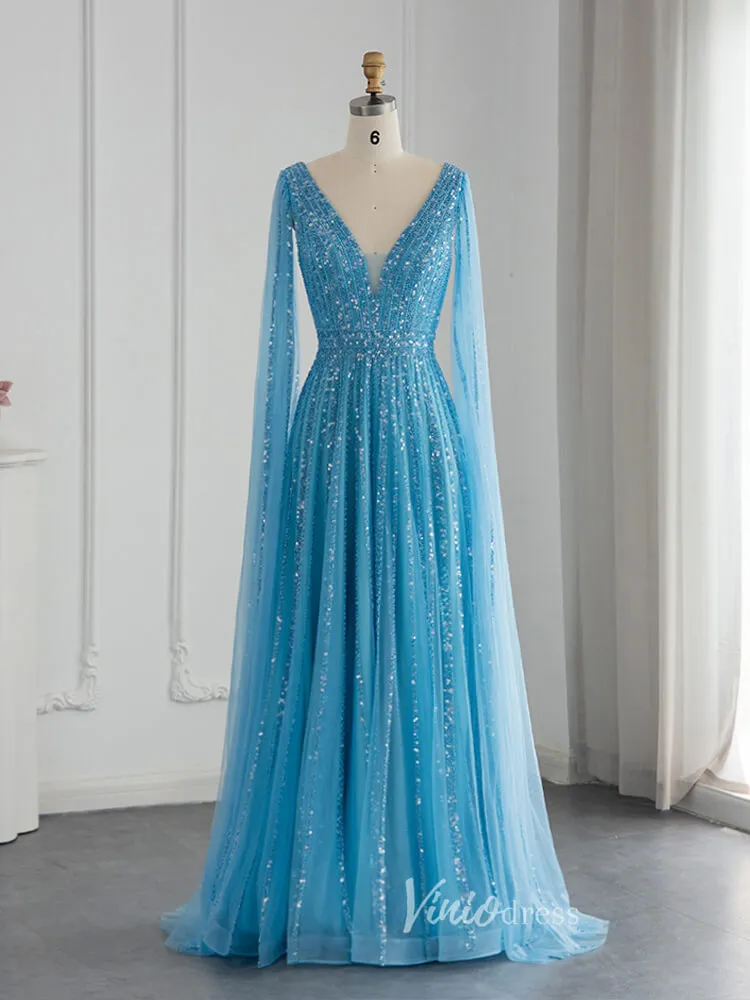 Beaded V-neck Prom Dresses Cape Sleeve Evening Gowns 20017B