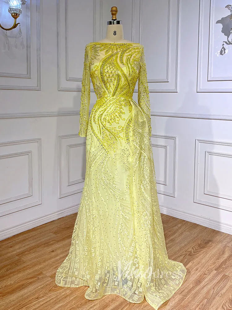 Beaded Yellow Lace Evening Dress Long Sleeve Sheath Prom Dresses 20024