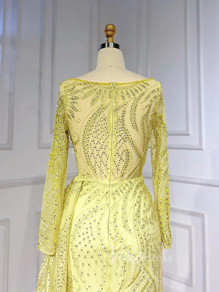 Beaded Yellow Lace Evening Dress Long Sleeve Sheath Prom Dresses 20024