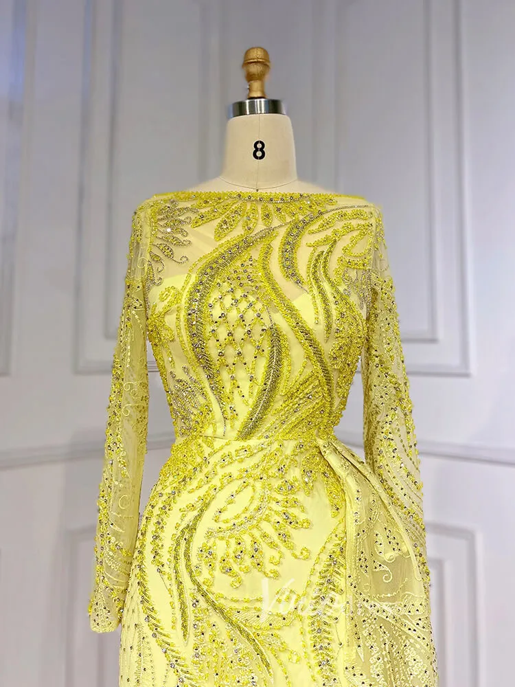 Beaded Yellow Lace Evening Dress Long Sleeve Sheath Prom Dresses 20024