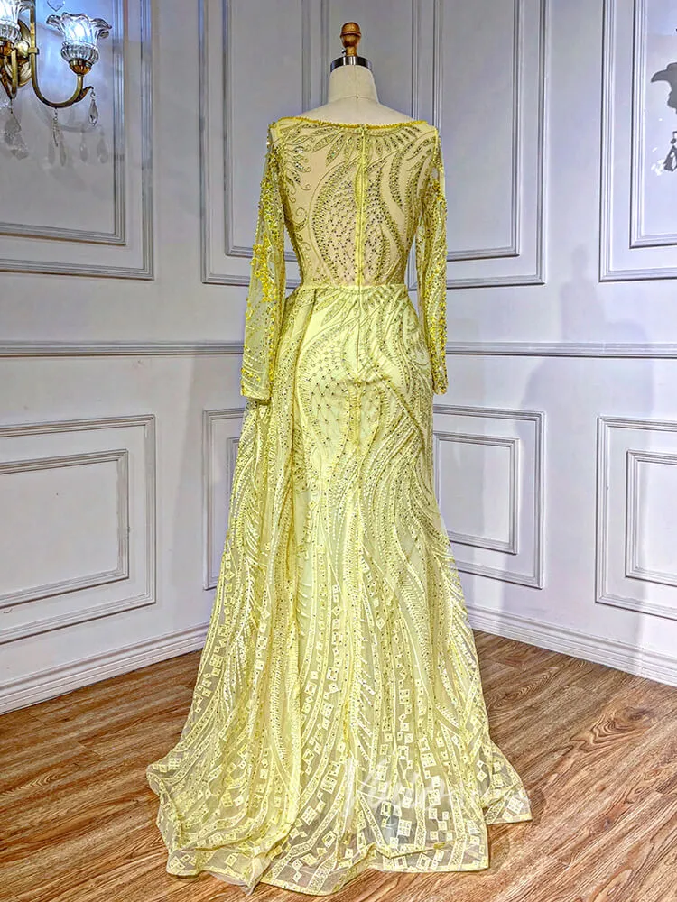 Beaded Yellow Lace Evening Dress Long Sleeve Sheath Prom Dresses 20024