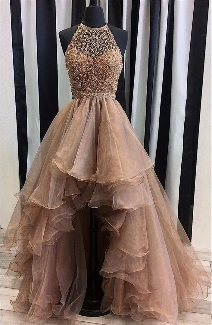 Beading Halter New Arrival Hi-Low Long Prom Dresses, BG0087