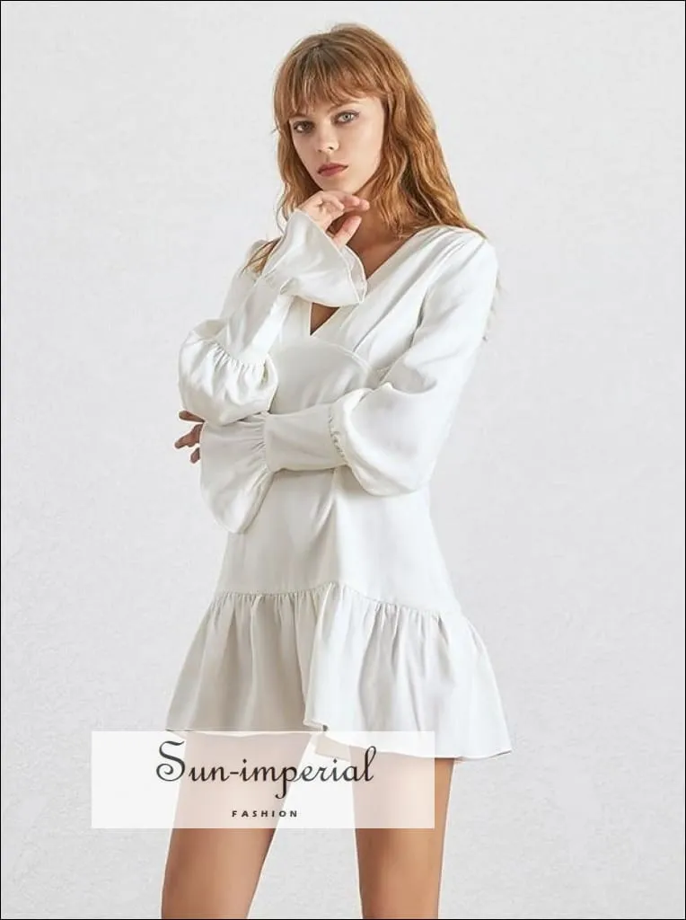 Becka Dress - White Mini V Neck Lantern Sleeve High Waist Slim Cut Mini Dress