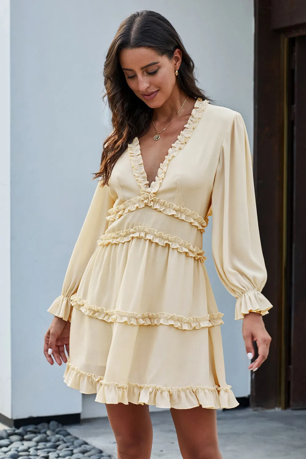 Beige V Neck Ruffle Detailing Open Back Long Sleeve Dress