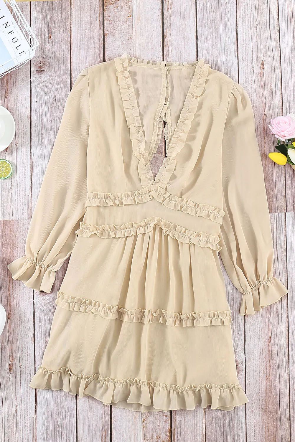 Beige V Neck Ruffle Detailing Open Back Long Sleeve Dress