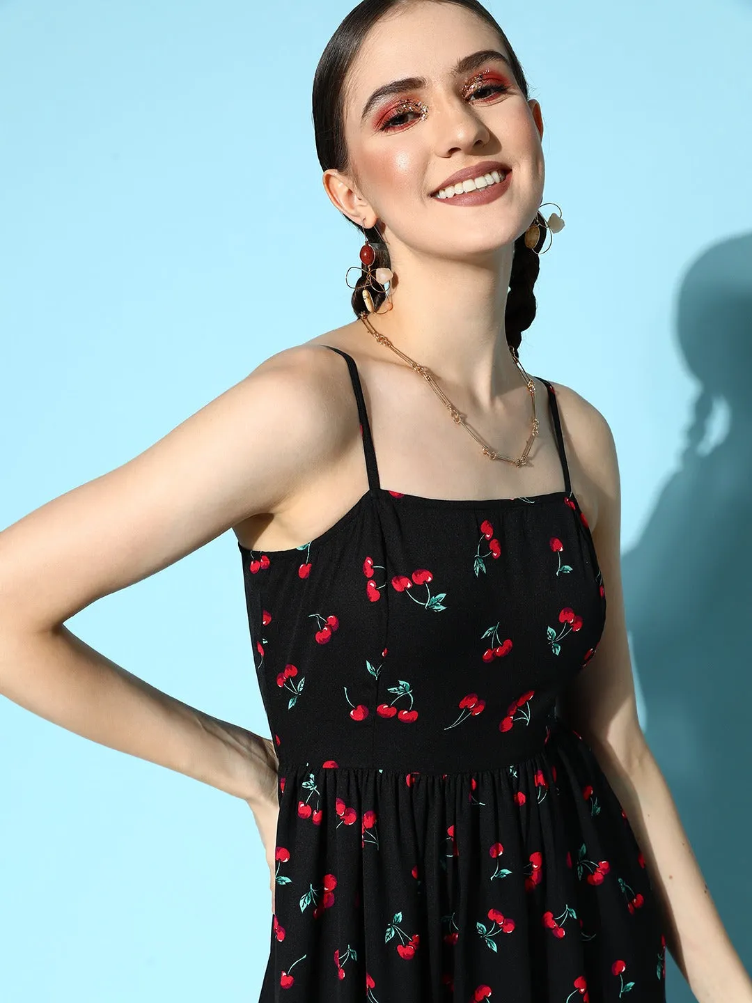 Berrylush Women Black & Red Cherry Printed Square Neck Sleeveless Flared A-Line Midi Dress