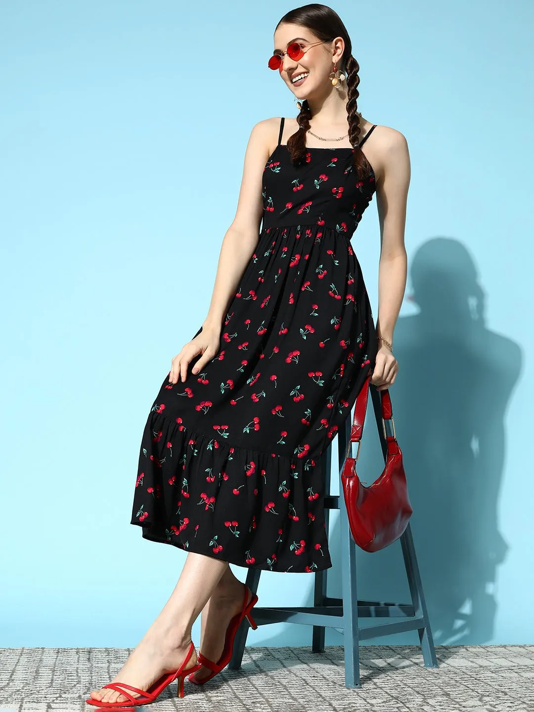 Berrylush Women Black & Red Cherry Printed Square Neck Sleeveless Flared A-Line Midi Dress