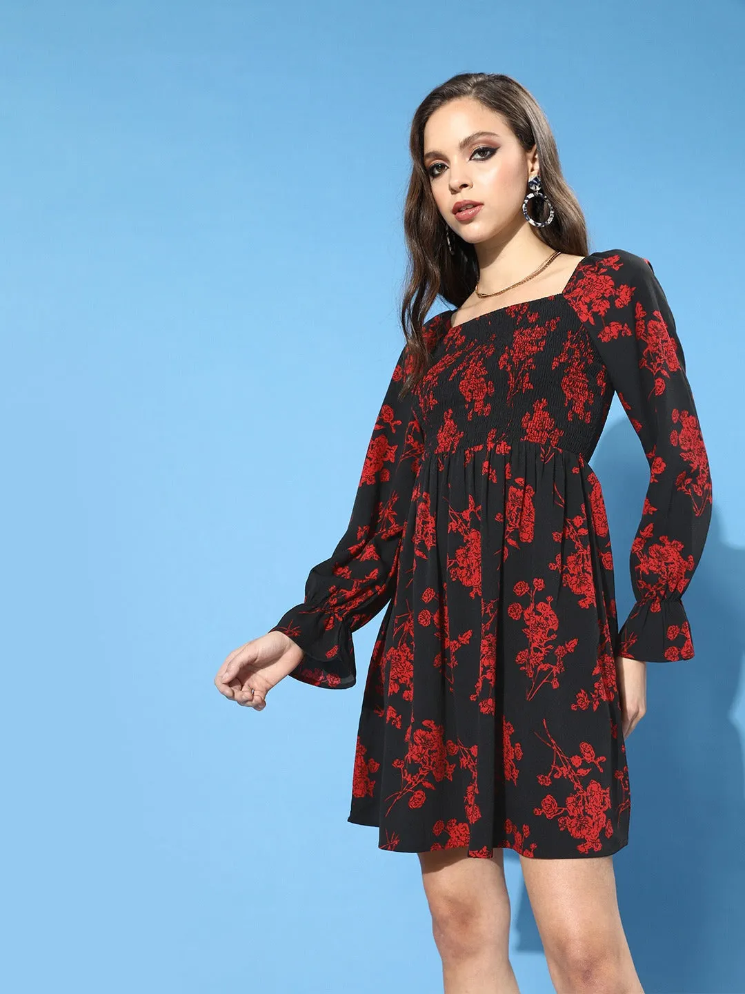 Berrylush Women Black & Red Floral Printed Crepe A-Line Midi Dress