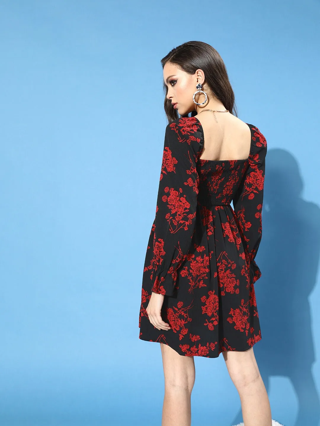 Berrylush Women Black & Red Floral Printed Crepe A-Line Midi Dress