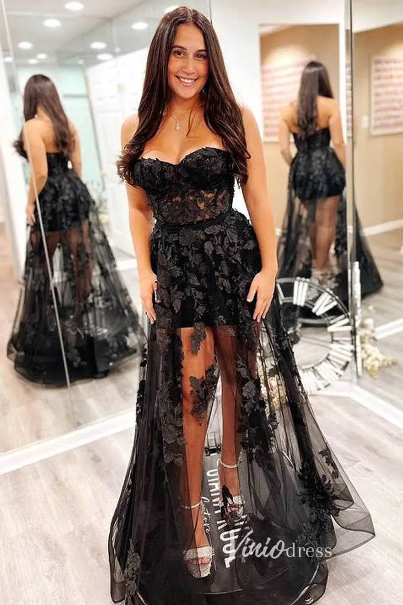 Black 3D Floral Prom Dresses 2024 Strapless White Wedding Dress FD3272