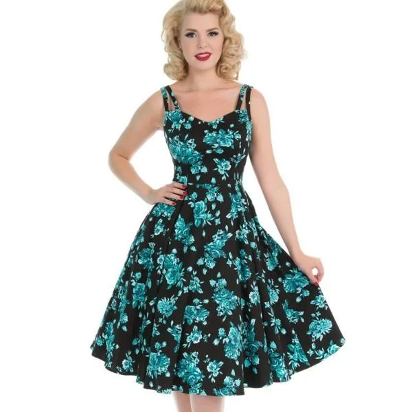 Black and Blue Floral Print Rockabilly 50s Swing Dress