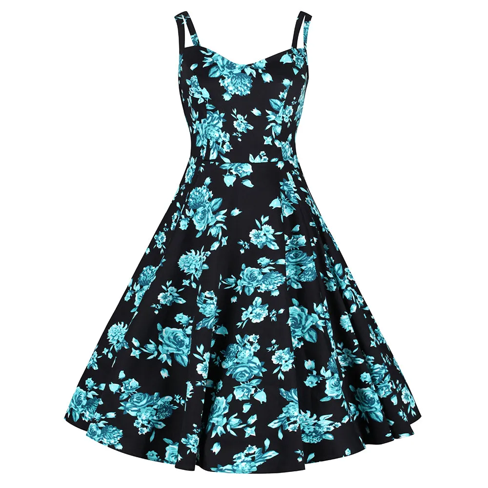 Black and Blue Floral Print Rockabilly 50s Swing Dress