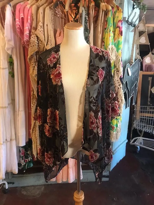 Black and Pink Floral Kimono