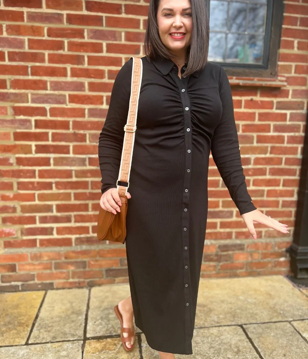 Black Buttoned Ribbed Midi Shirt Dress