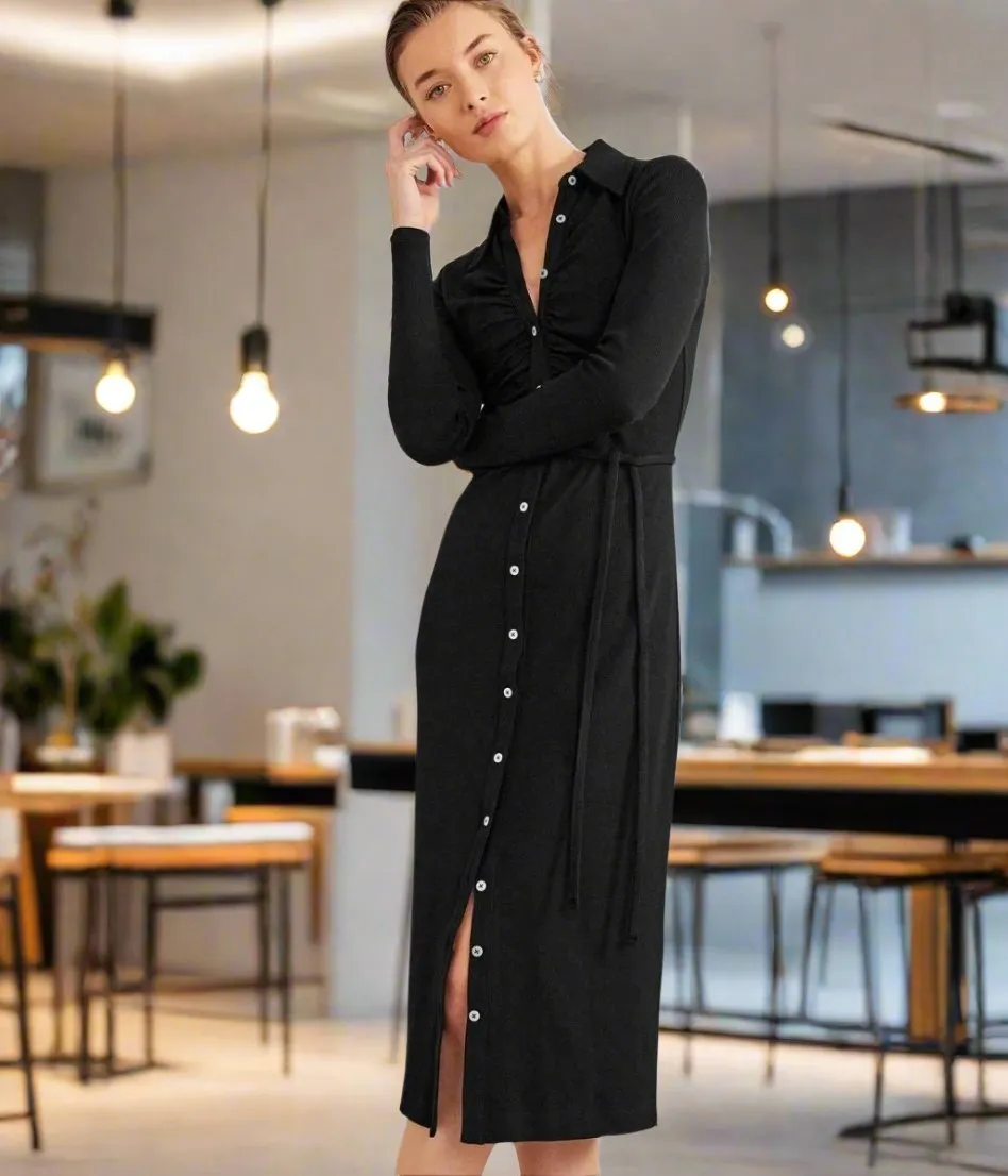 Black Buttoned Ribbed Midi Shirt Dress