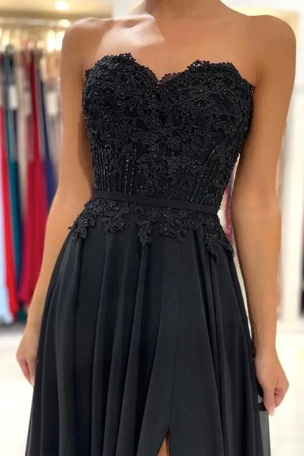 Black Chiffon Lace A-line Sweetheart Long Prom Dresses, Evening Gowns,BD930796