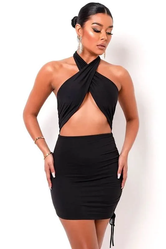 Black Halter Wrap Ruched Cutout Mini Dress