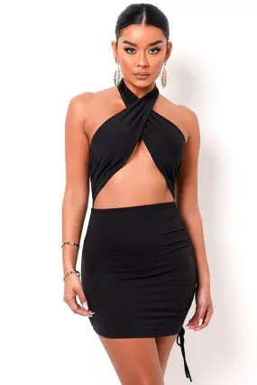 Black Halter Wrap Ruched Cutout Mini Dress