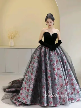 Black Jacquard Lace Prom Dresses Strapless Floral Quinceanera Dress FD3444