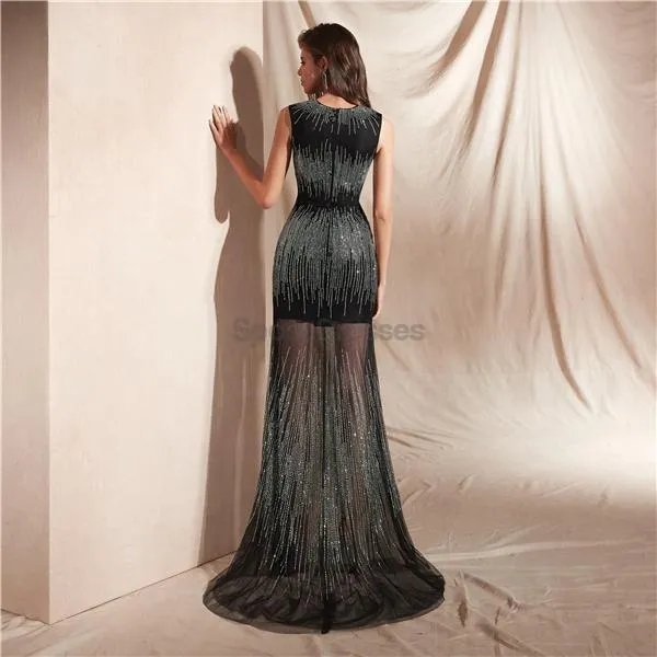 Black Jewel See Through Mermaid Evening Prom Dresses, Evening Party Prom Dresses, 12074