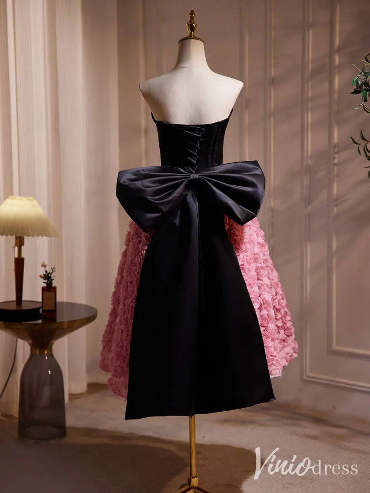 Black Pink Rosette Homecoming Dresses Strapless Bow Tie Tea Length Dress BJ038