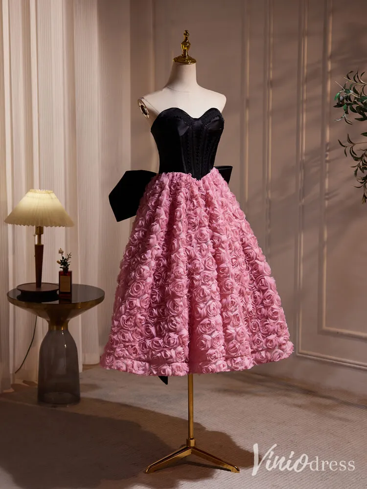 Black Pink Rosette Homecoming Dresses Strapless Bow Tie Tea Length Dress BJ038