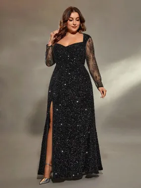 Black Plus Size Sequin Lace Long Sleeve Party Dress