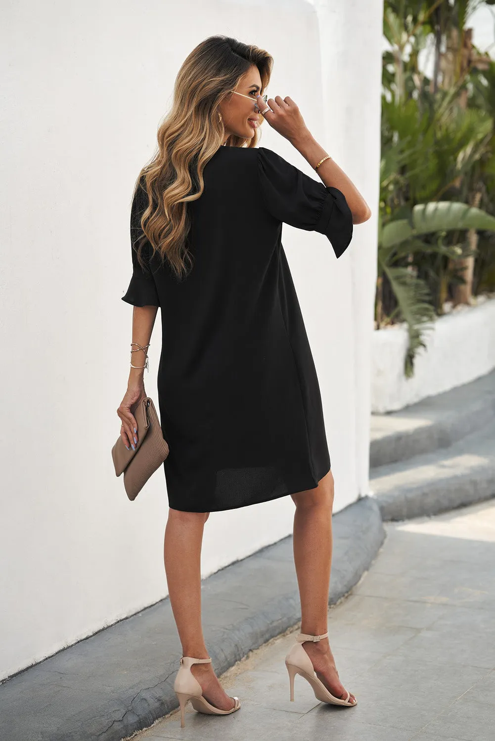 Black Ruffled Sleeve Shift Shirt Dress