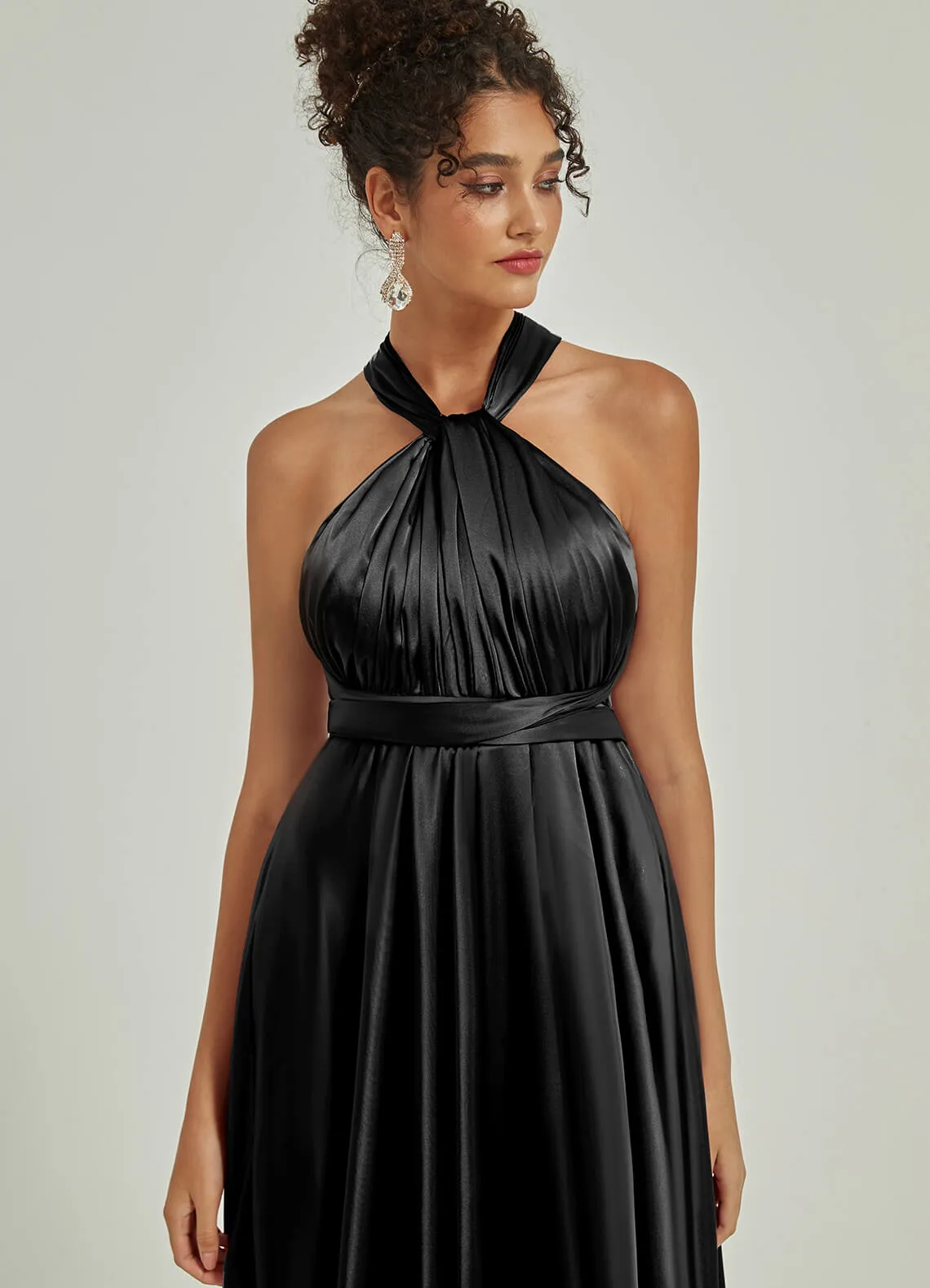 Black Satin Convertible Bridesmaid Dress Multi Ways Wrap A-Line Gowns