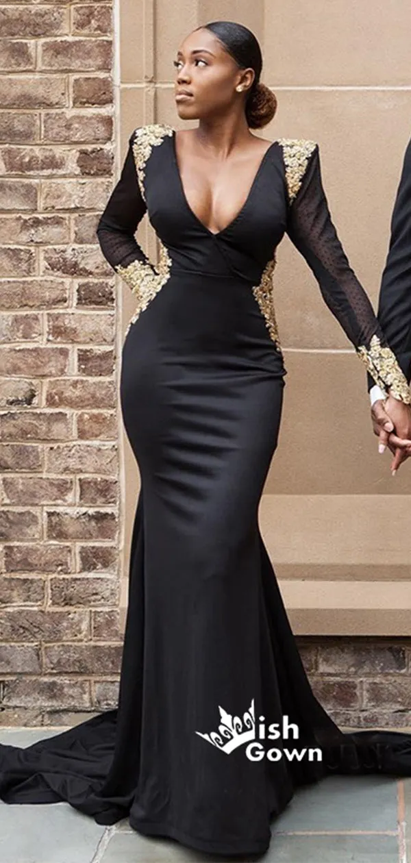 Black Satin Low Back  Gold Appliques V-neck Mermaid Evening Long Prom Dress With Trailing, WGP099