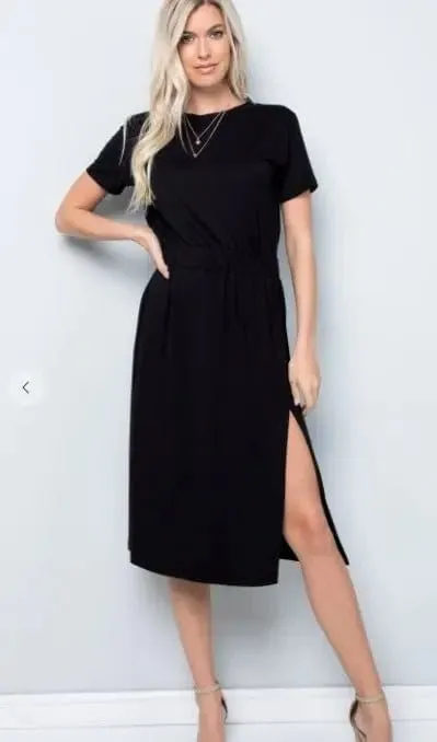 Black short sleeve midi dress