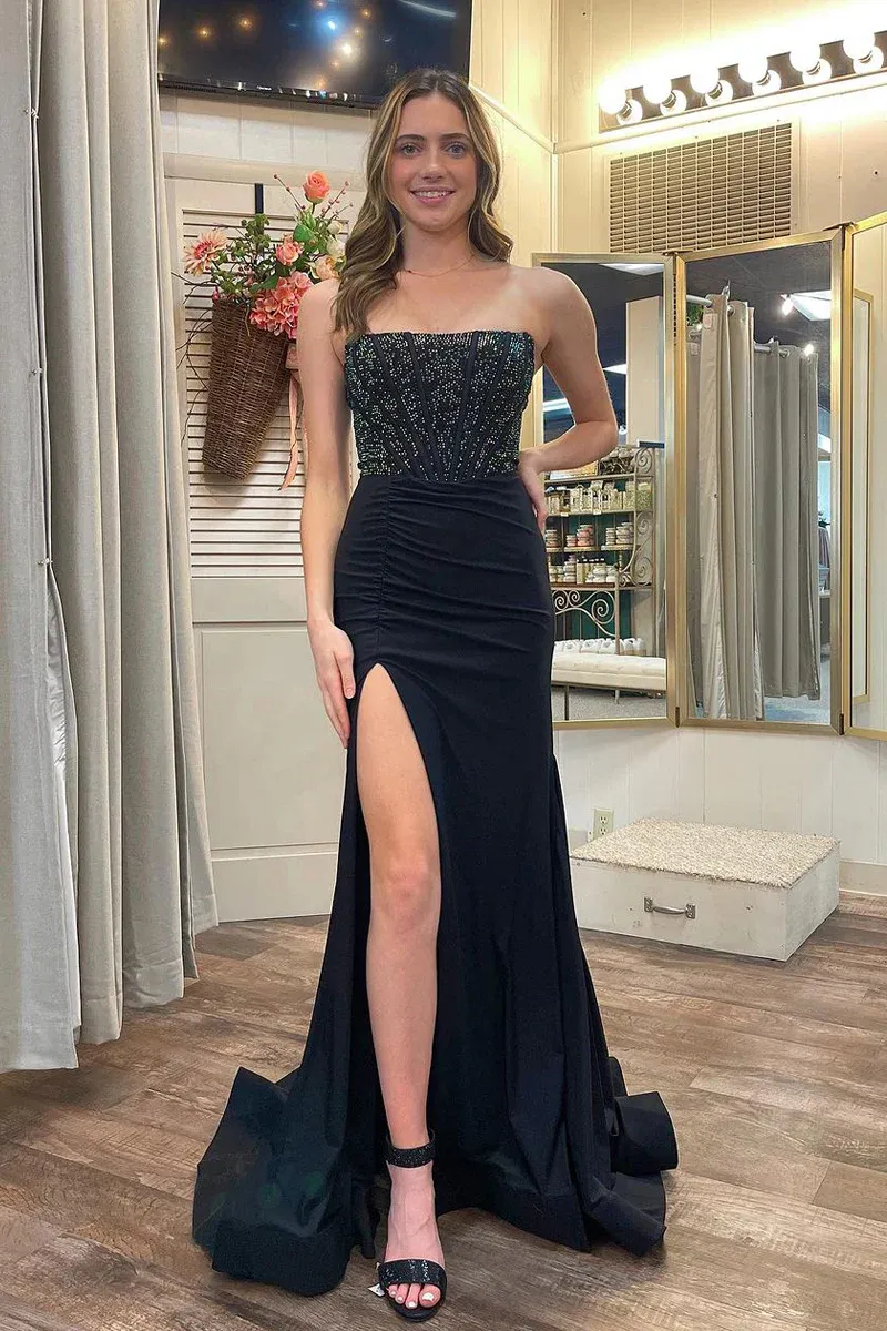 Black Strapless Beaded Mermaid Long Prom Dresses ,BD93322