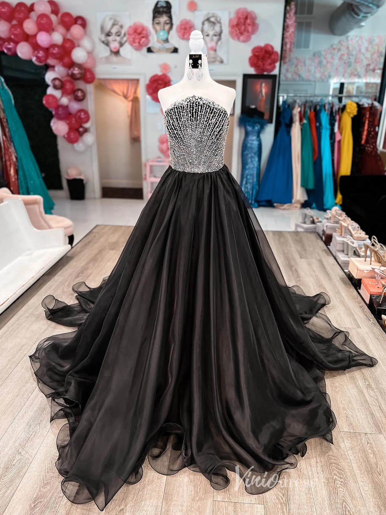 Black Strapless Beaded Prom Dresses Organza Formal Gown FD4068