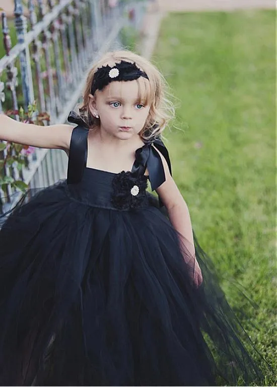 Black Tulle Spaghetti Straps Tutu Flower Girl Dresses,Cheap Older Flower Girl Dresses,FGY0186