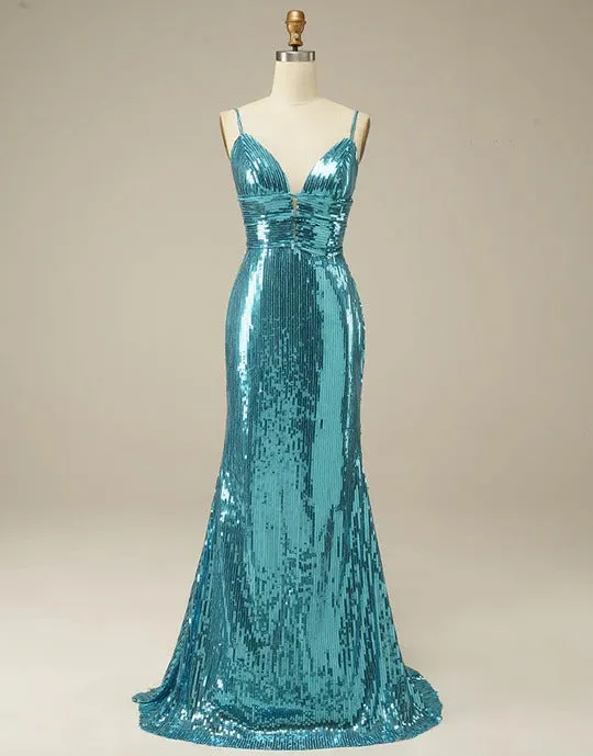 Blue Mermaid Open Back Long Prom Dresses,BD930650