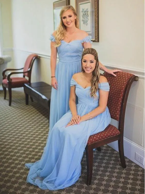 Blue Mismatched Off Shoulder Chiffon Cheap Long Bridesmaid Dresses Online, WGY0227