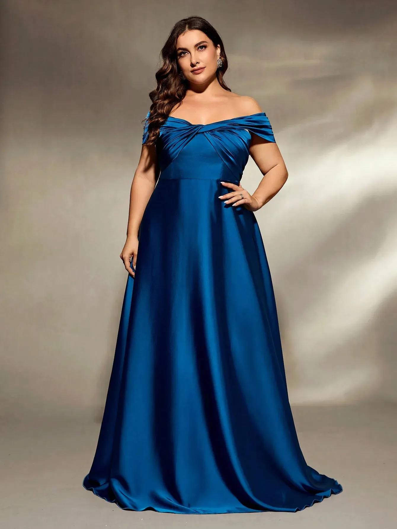 Blue Plus Size Off The Shoulder Satin Bridesmaid Party Dress